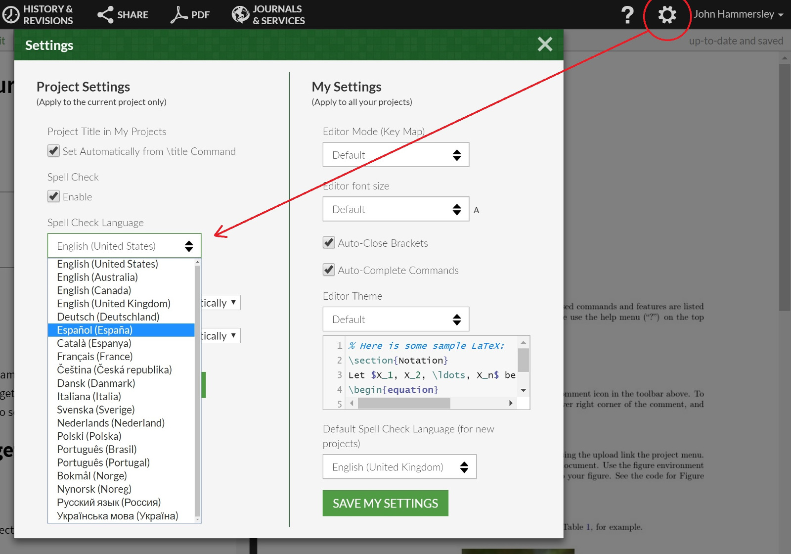 Overleaf spell check language option open in project setting