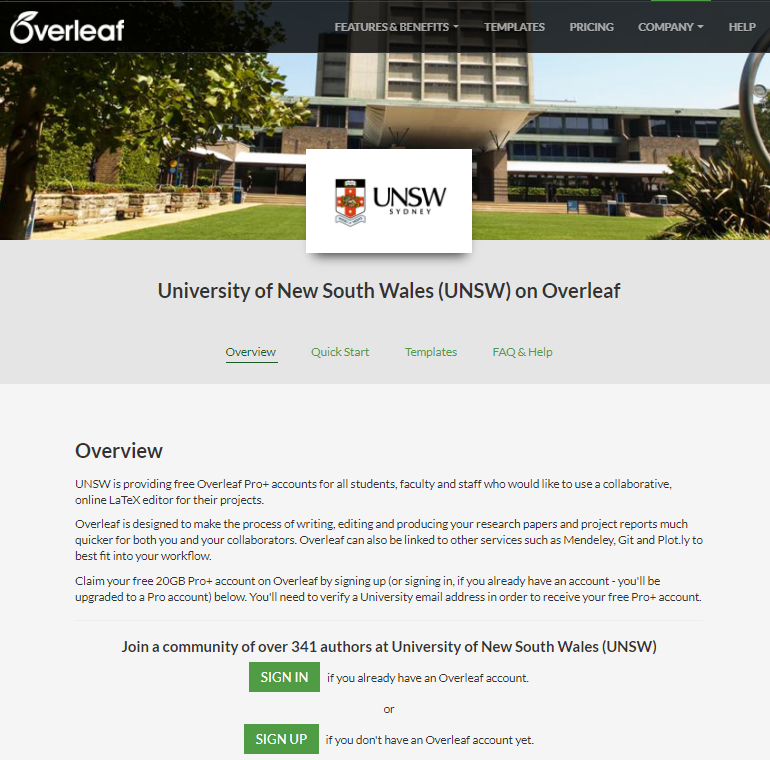 UNSW portal on the Overleaf platform