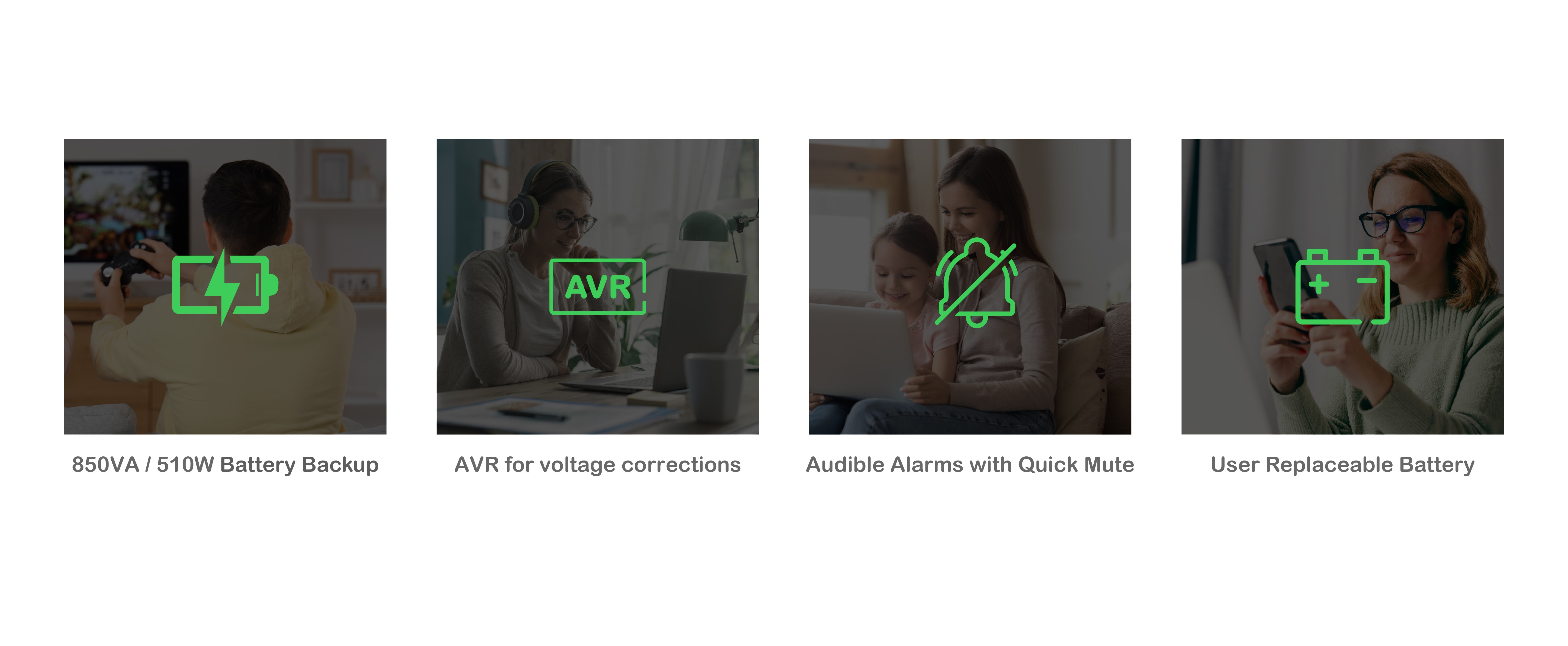 Features including its wattage, runtime, audible alarms and battery status.