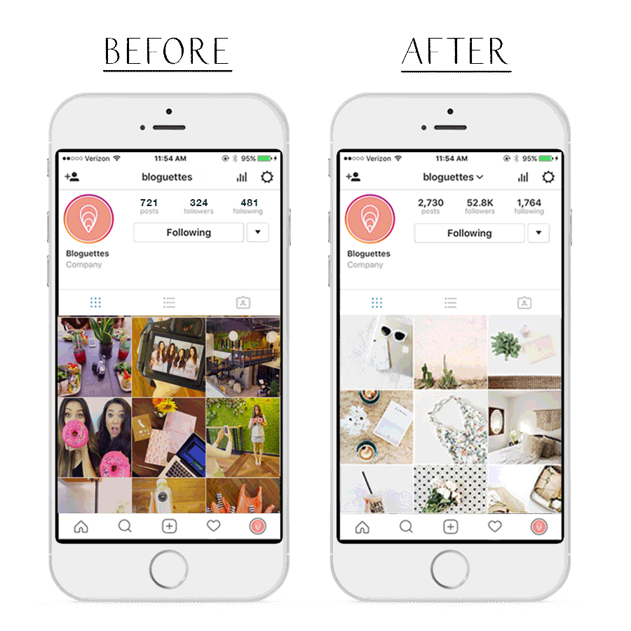 Instagram profile fixing photo grid before and after