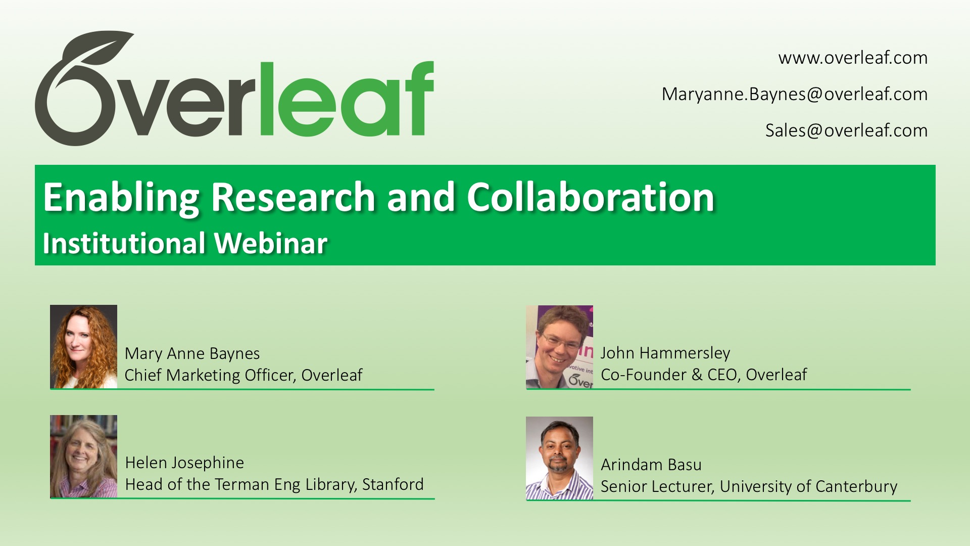 Enabling Research and Collaboration at Institutions - Overleaf Webinar Slide