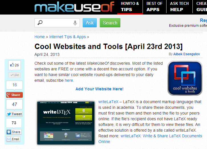 WriteLaTeX on MakeUseOf screenshot