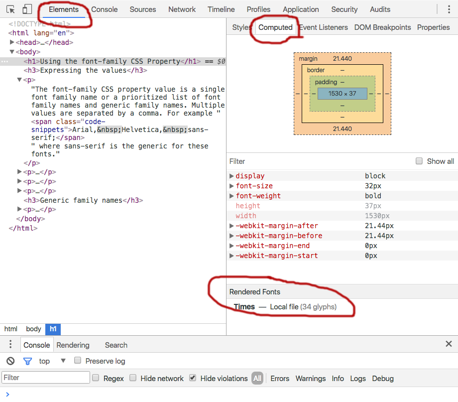Practice file web browser tools showing Times font used for the h1 element.