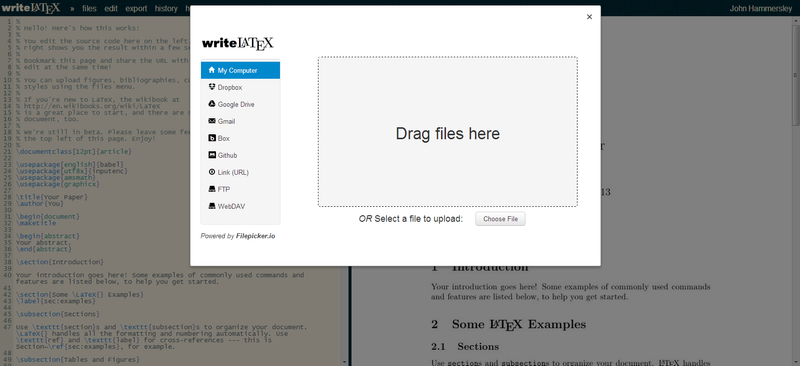 WriteLaTeX upload screenshot