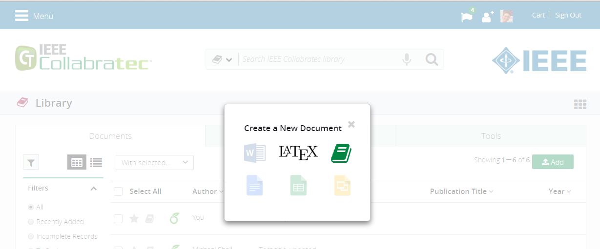 IEEE Collabratec screenshot showing how to create a new LaTeX document