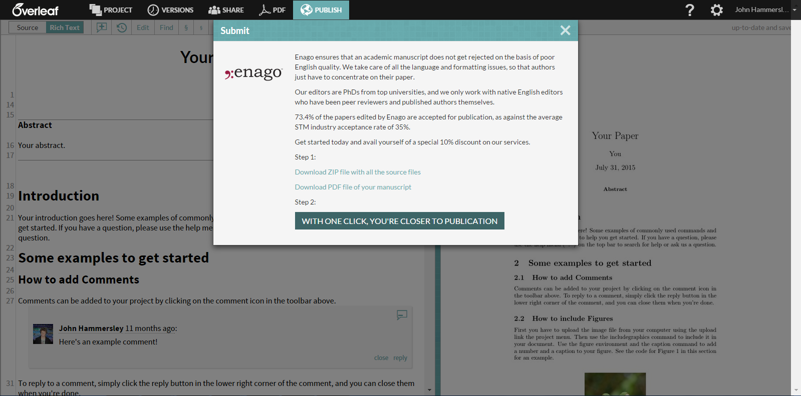 Enago in Overleaf publish menu modal