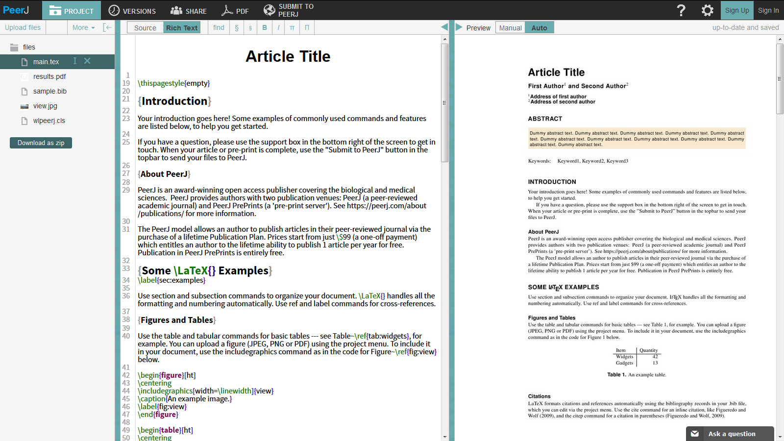 Overleaf PeerJ journal article and preprint LaTeX template screenshot