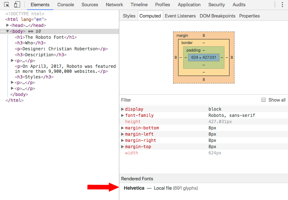 Practice file in web Chrome inspecting body element after using Roboto font family.