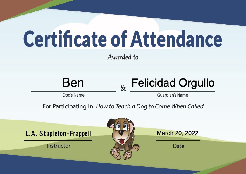 Come When Called - DogNostics Client Class Attendance Certificate.