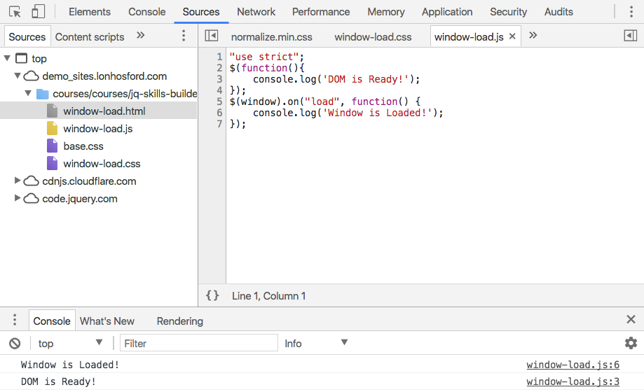 The web browser Sources and Console window after the window load event added.