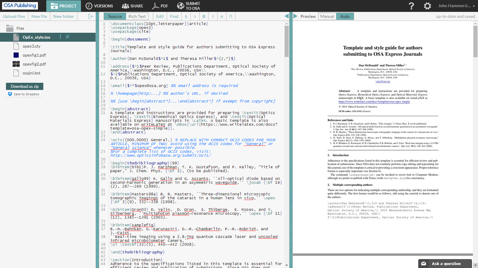 WriteLaTeX OSA Express Journal LaTeX template screenshot 1