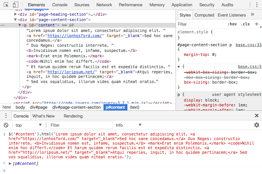 Web tools view Lorem Ipsum text with HTML markup using JQuery html method.