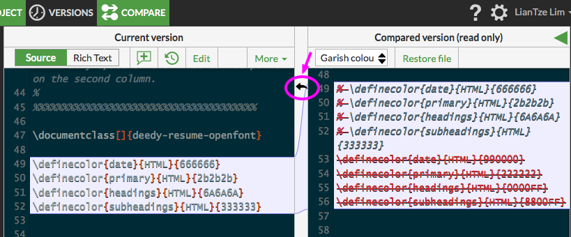 Reverting a chunk via the compare mode in Overleaf