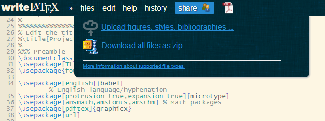 WriteLaTeX editor files menu screenshot