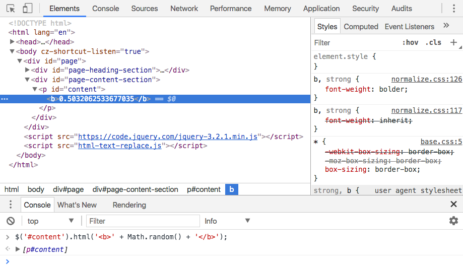 Web tools view Math.random with HTML markup using JQuery html method.